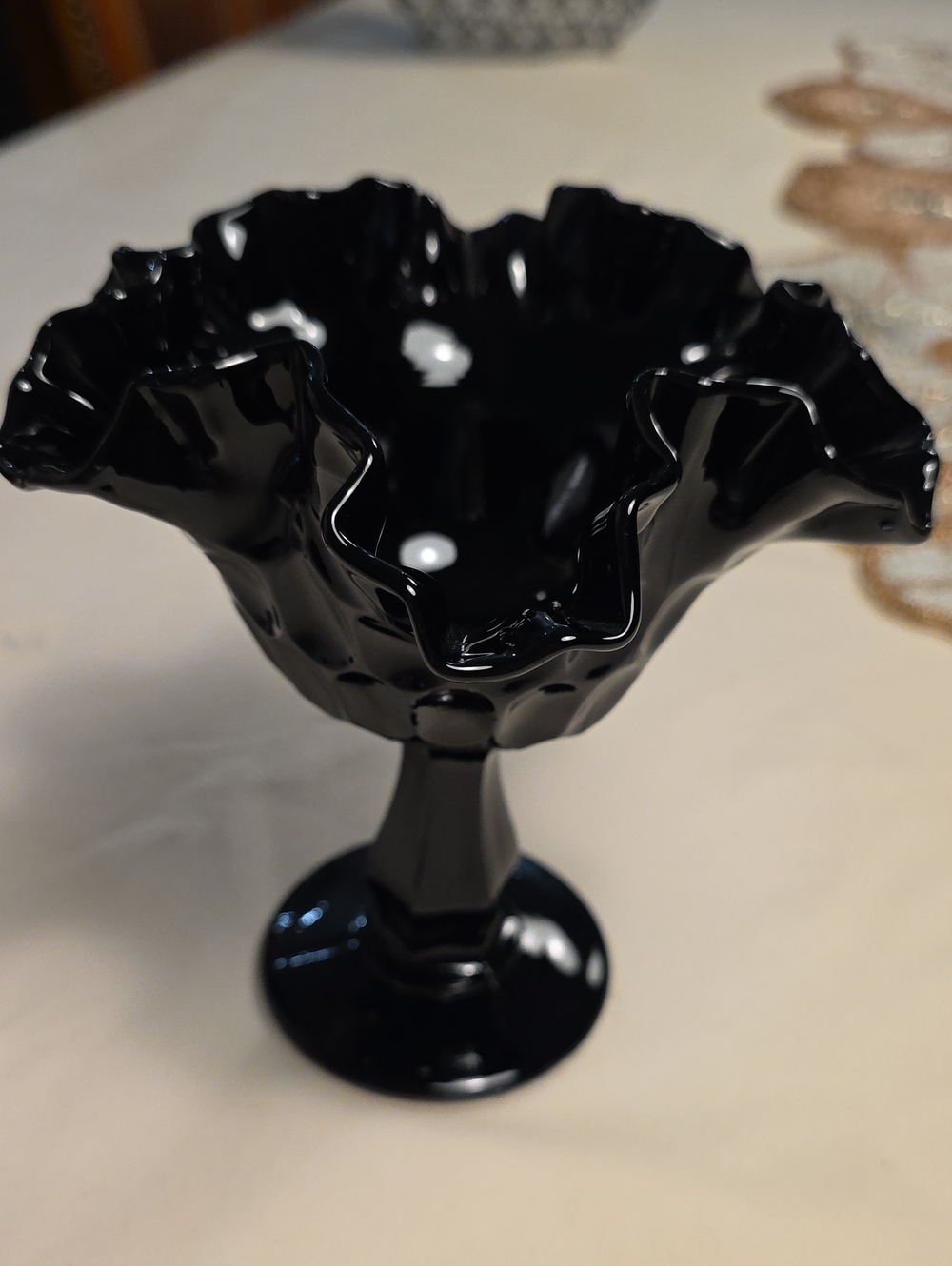 Fenton Black Decorative Ruffled Pedestal Compote